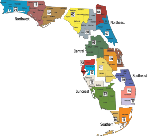 Map showing the locations of all Lead Agencies in Florida